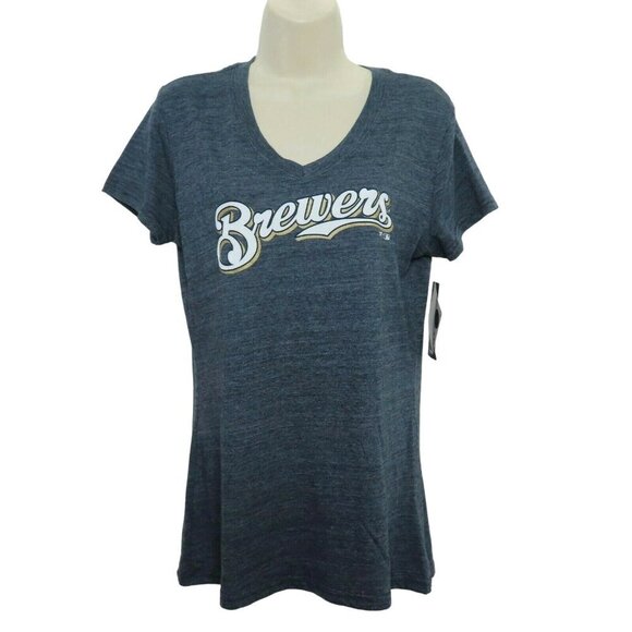 Fanatics Women Small Milwaukee Brewers Baseball V Neck Heathered Blue Shirt NEW - Picture 1 of 7